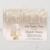 グリッター金ゴールドケーキ60thバースデーパーティー 招待状 (正面/裏面)