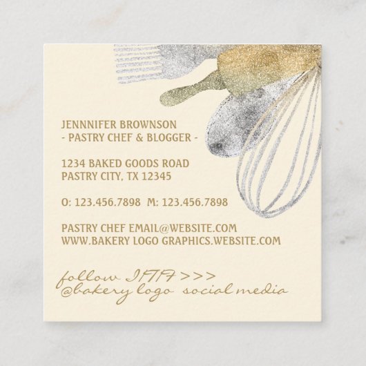 グリッター金ゴールドシルバーペストリーベーカリー調理師高級サイン スクエア名刺 (裏面)