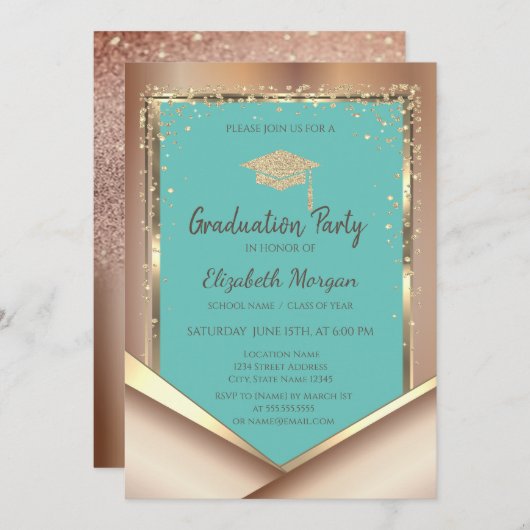 グリッター金ゴールドダイアモンズミントグリーン卒業 招待状 (正面/裏面)