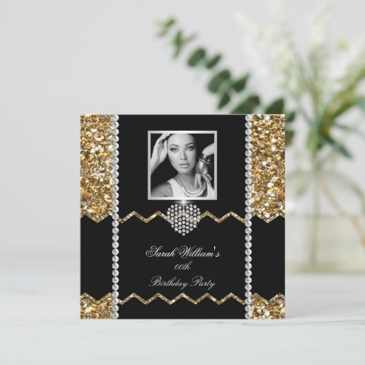 グリッター金ゴールドダイヤモンドハートフォトバースデーパーティー 招待状 (スタンド正面)