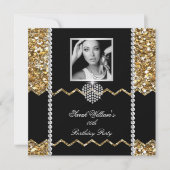 グリッター金ゴールドダイヤモンドハートフォトバースデーパーティー 招待状 (正面)