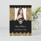 グリッター金ゴールドダイヤモンドハート写真任意の誕生日2 招待状 (スタンド正面)