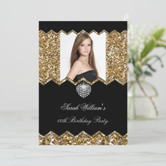 グリッター金ゴールドダイヤモンドハート写真任意の誕生日2 招待状 (スタンド正面)