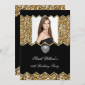 グリッター金ゴールドダイヤモンドハート写真任意の誕生日2 招待状 (正面/裏面)