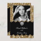 グリッター金ゴールドダイヤモンドハート写真任意の誕生日 招待状 (正面/裏面)