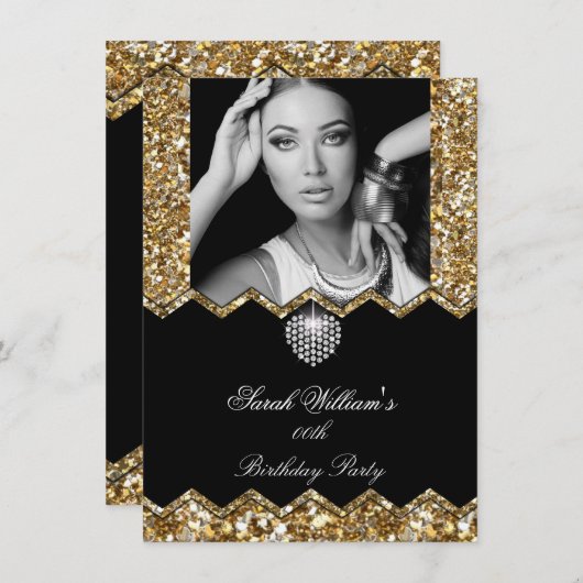 グリッター金ゴールドダイヤモンドハート写真任意の誕生日 招待状 (正面/裏面)