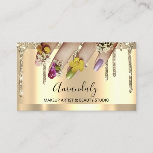 グリッター金ゴールドドリップス爪、 ネイルマニキュアフローラ 名刺 (正面)