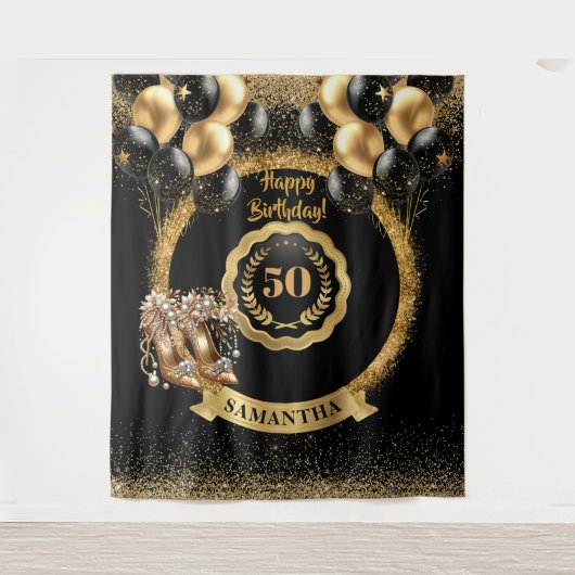 グリッター金ゴールドハイヒール50th誕生日標識 タペストリー (正面)