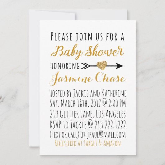 グリッター金ゴールドハート矢印ベビーシャワー招待状 招待状 (正面)