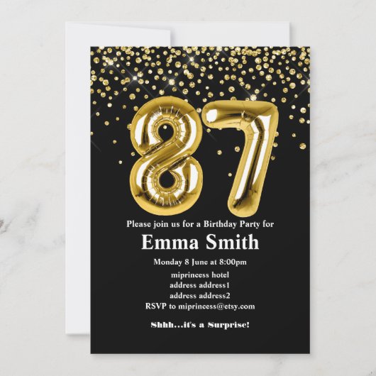 グリッター金ゴールドバルーン87th birthday party 招待状 (正面)