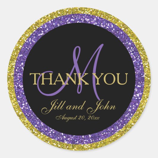 グリッター金ゴールドパープル結婚さんありがとうステッカー ラウンドシール (正面)