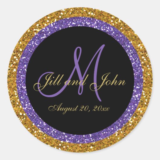 グリッター金ゴールドパープル結婚のモノグラムシールステッカー ラウンドシール (正面)