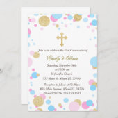 グリッター金ゴールドピンクブルーツインズコミュニオン招待状 招待状 (正面/裏面)