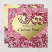 グリッター金ゴールドファンシーハートバレンタイン招待状 招待状 (正面/裏面)