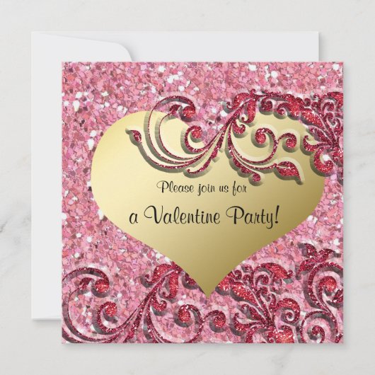グリッター金ゴールドファンシーハートバレンタイン招待状 招待状 (正面)