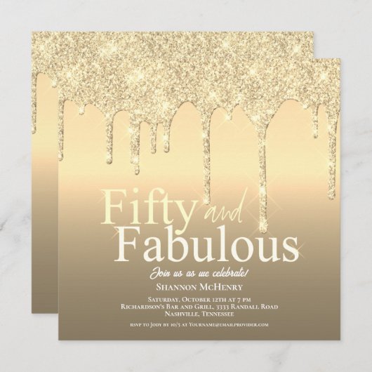 グリッター金ゴールドフィフティと素晴らしい誕生日 招待状 (正面/裏面)