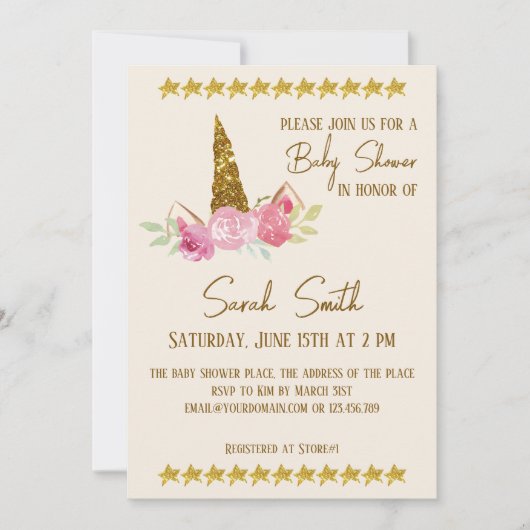 グリッター金ゴールドユニコーンバラガールベビーシャワー 招待状 (正面)