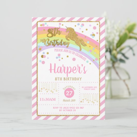 グリッター金ゴールドユニコーン第8誕生日招待状ガール 招待状 (スタンド正面)