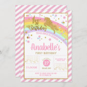 グリッター金ゴールドユニコーン1st誕生日招待状ガール 招待状 (正面/裏面)