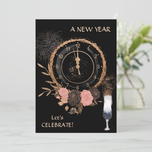 グリッター金ゴールド年末時計パーティの招待状 招待状 (スタンド正面)