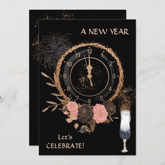 グリッター金ゴールド年末時計パーティの招待状 招待状 (正面/裏面)