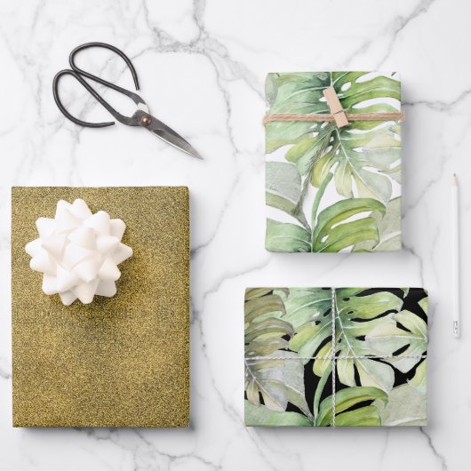 グリッター金ゴールド熱帯モンステラ水のカラーパターン ラッピングペーパーシート (正面)