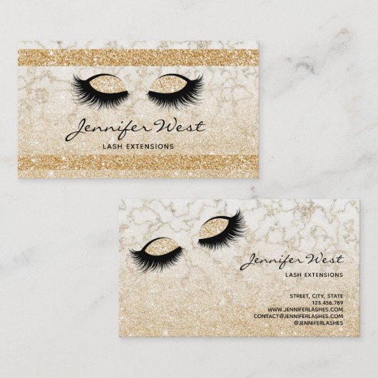 グリッター金ゴールド白大理石メイクアップアーティストのまつ毛 名刺 (正面/裏面)