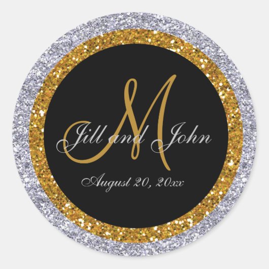 グリッター金ゴールド銀結婚のモノグラムシール ラウンドシール (正面)