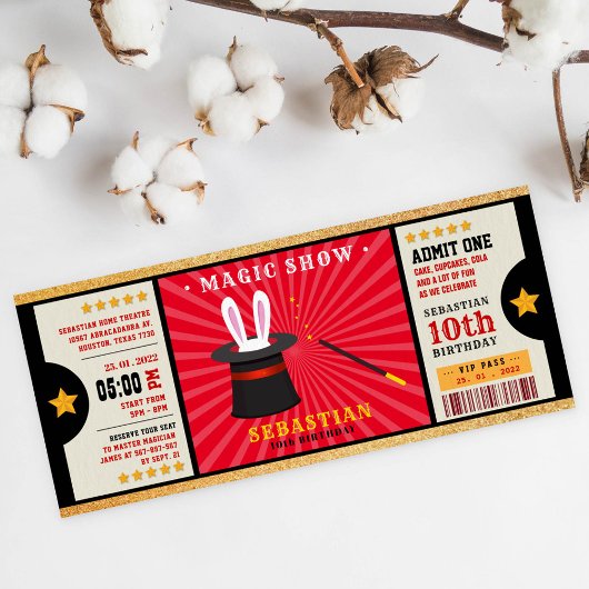 グリッター金ゴールド魔法ショー誕生日チケット 招待状