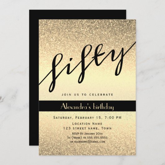 グリッター金ゴールド50誕生日 招待状 (正面/裏面)