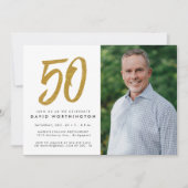 グリッター金ゴールド50th birthday party photo invitation 招待状 (正面)