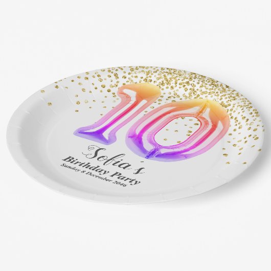 グリッター金ゴールド、10歳の誕生日に金の輝きを ペーパープレート (アングル)