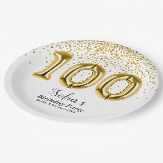 グリッター金ゴールド、100歳の誕生日に金の輝きを ペーパープレート (アングル)