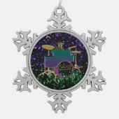 グリッター音楽オーナメントのカラフルなドラマー スノーフレークピューターオーナメント (正面)