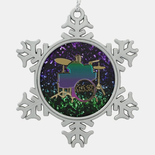 グリッター音楽オーナメントのカラフルなドラマー スノーフレークピューターオーナメント (正面)