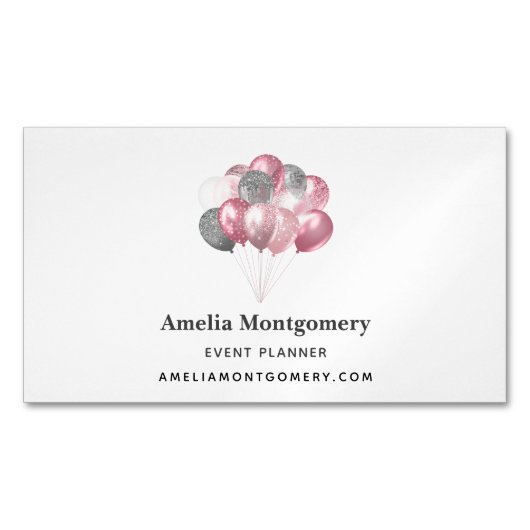 グリッター風船ピンクとシルバー マグネット名刺 (正面)