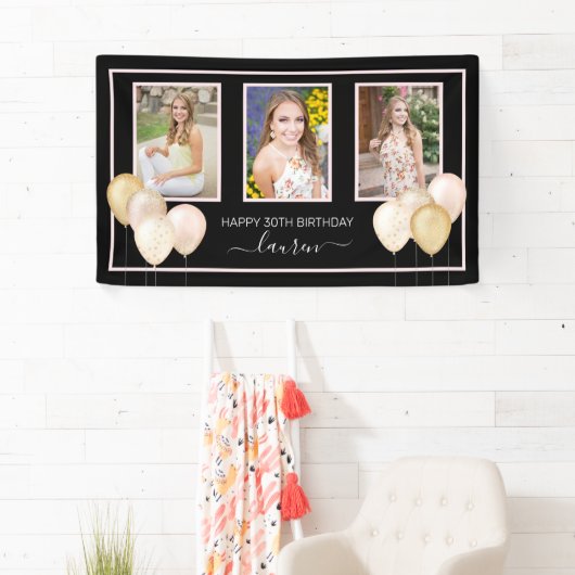 グリッター風船3枚の写真ブラック30歳の誕生日 横断幕 (インサイチュ)