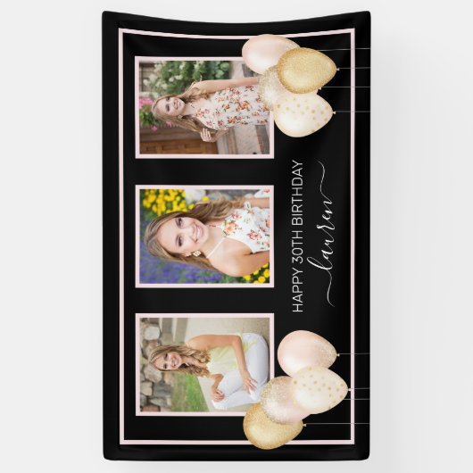 グリッター風船3枚の写真ブラック30歳の誕生日 横断幕 (縦)