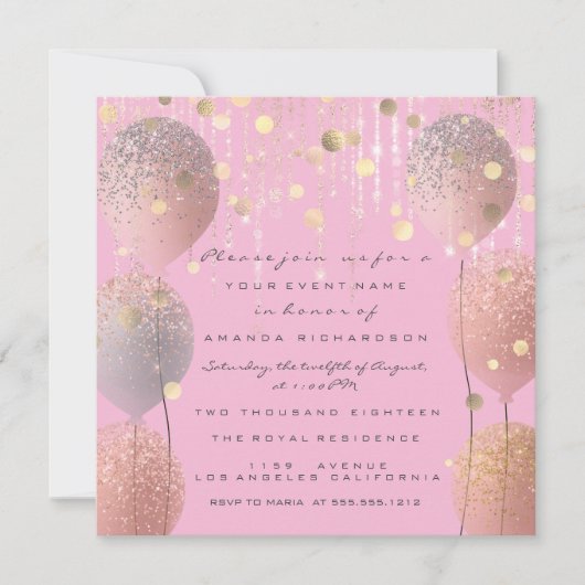 グリッター風船 ローズ ブライダル スイート 16 ピンク 招待状 (正面)