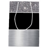 グリッター黒い銀製パターンプリントのデザイン ミディアムペーパーバッグ (裏面)