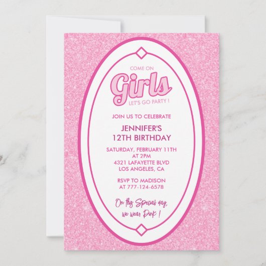 グリッター12th誕生日の招待ドール赤面ピンク 招待状 (正面)