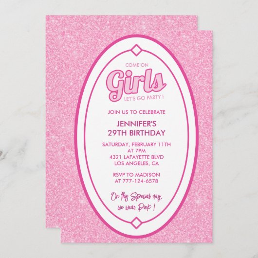 グリッター29th誕生日の招待ガール赤面ピンク 招待状 (正面/裏面)