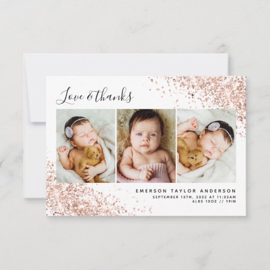グリッター3フォトコラージュ新生児 サンキューカード (正面)