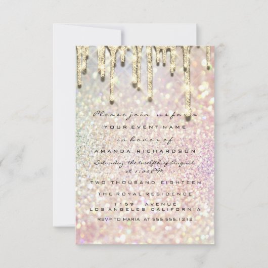 グリッター3Dブライダルシャワースウィート16th金ゴールドホログラフ 招待状 (正面)