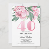 グリッター40thピンク牡丹フローラ緑誕生日 招待状 (正面)