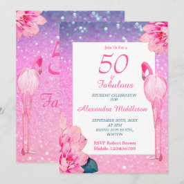 グリッター50素晴らしいフラミンゴピンクフローラ誕生日 招待状