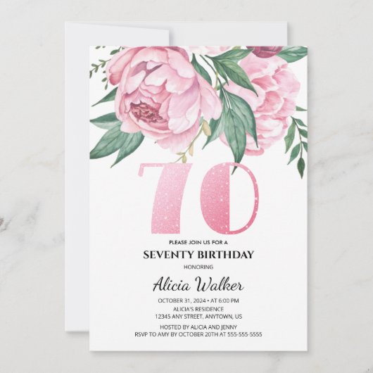 グリッター70thピンク牡丹フローラ緑誕生日 招待状 (正面)