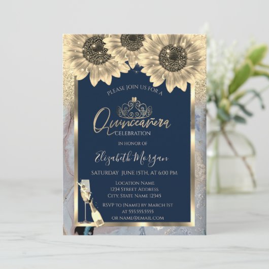 グリッター、ひまわり、ガラスのティアラ 大理石のキンセアニエラ 招待状 (スタンド正面)