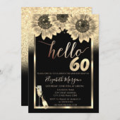グリッター，ひまわり，ガラスブラック60th誕生日パーティー 招待状 (正面/裏面)