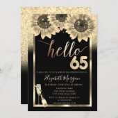グリッター，ひまわり，ガラスブラック65th誕生日パーティー 招待状 (正面/裏面)